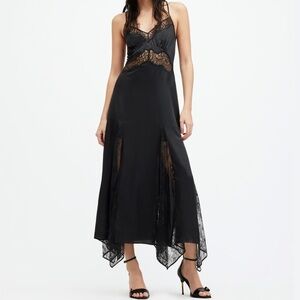 All Saints Jasmine Black Lace Maxi Slip Dress. Size 8